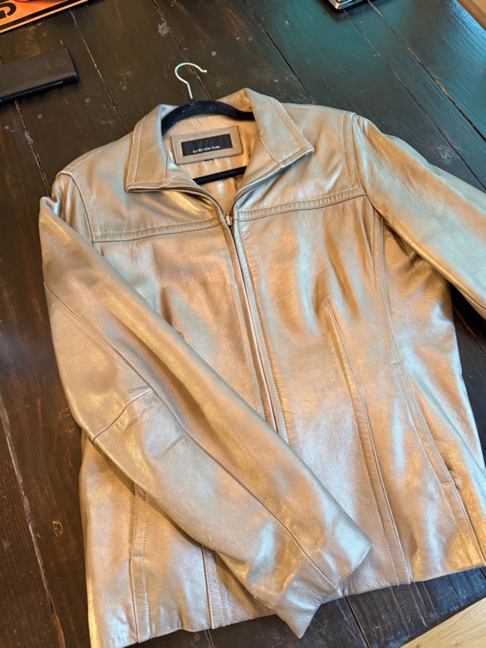 Jones New York - Metallic Taupe Genuine Leather Zip-Front Jacket